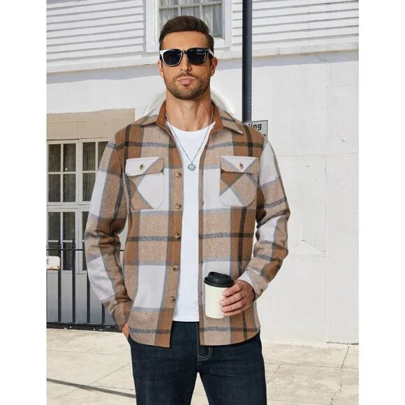 Coofandy Men Khaki Flannel Plaid Button Down Jacket Shirt with Pockets - Picture 2 of 5
